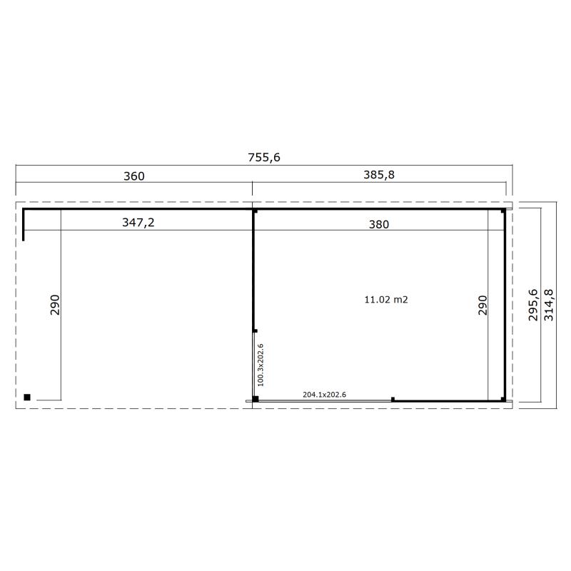 Tuinhuis-Blokhut Olivia met overkapping: 736x296x239 cm