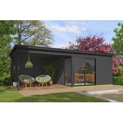 NIEUW Blokhut met overkapping Olivia 385x295 + Aanbouw