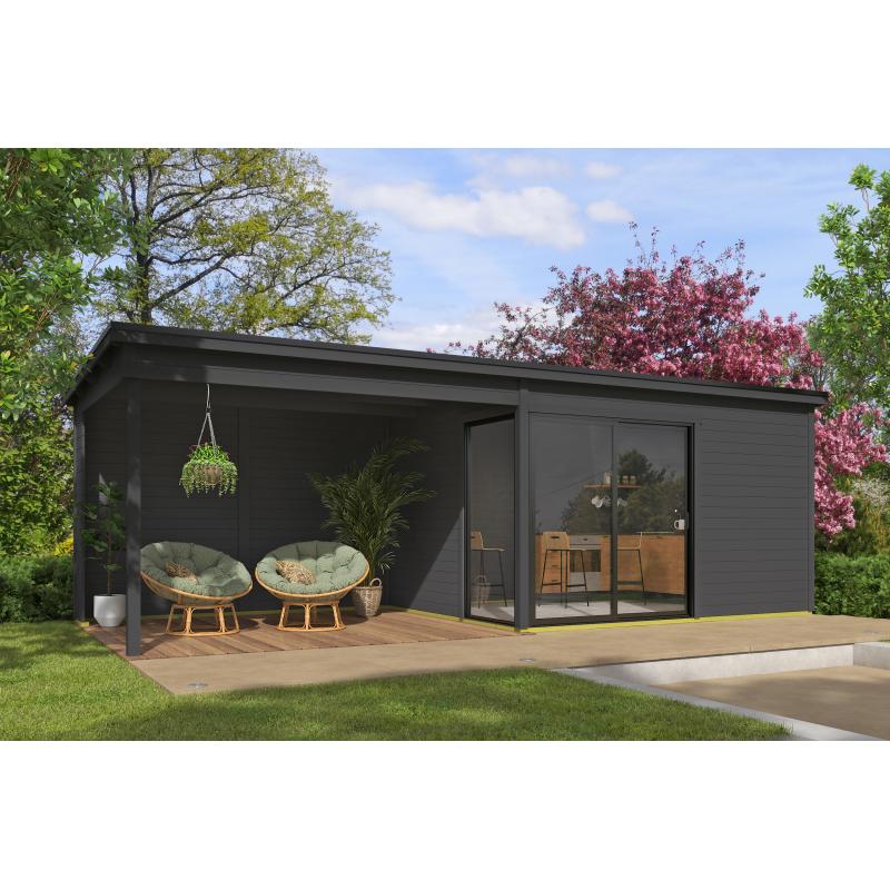 NIEUW Blokhut met overkapping Olivia 385x295 + Aanbouw