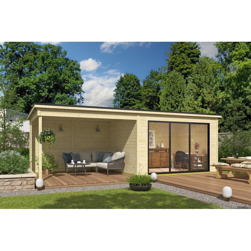 Blokhut met overkapping Pernilla 385x295 + Aanbouw onbehandeld vuren