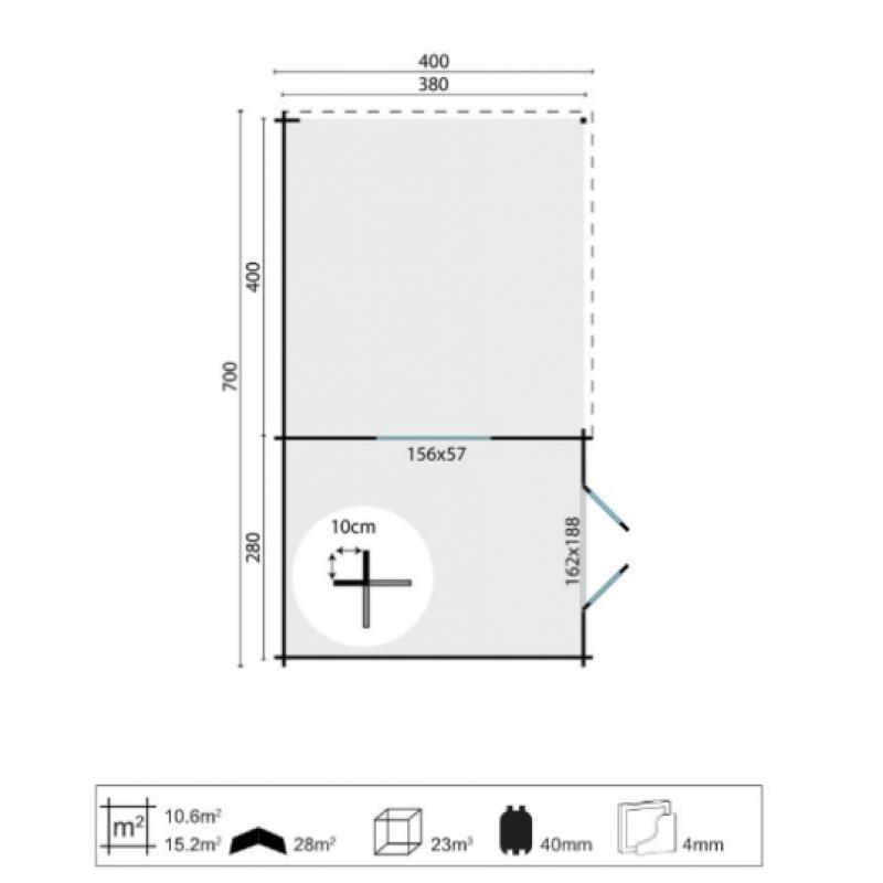 Tuinhuis-Blokhut Anton met overkapping: 300+400x400