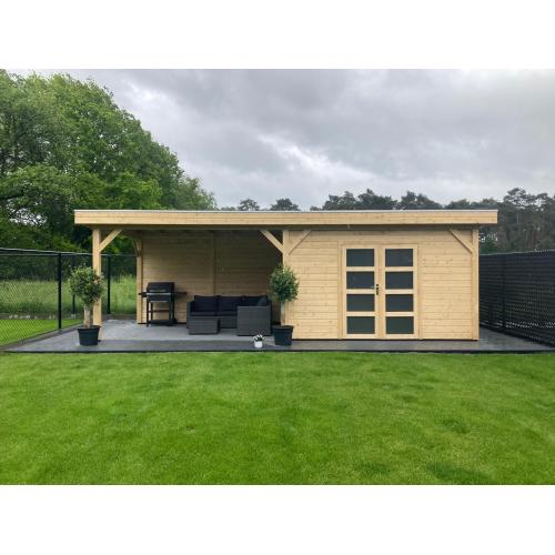 Tuinhuis-Blokhut Bosuil 300 x 300cm + Luifel 400cm