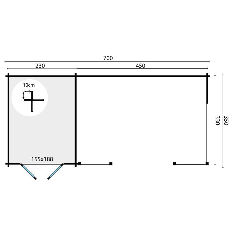 Tuinhuis-Blokhut Kukka met overkapping: 700 x 350 x 279(h) cm