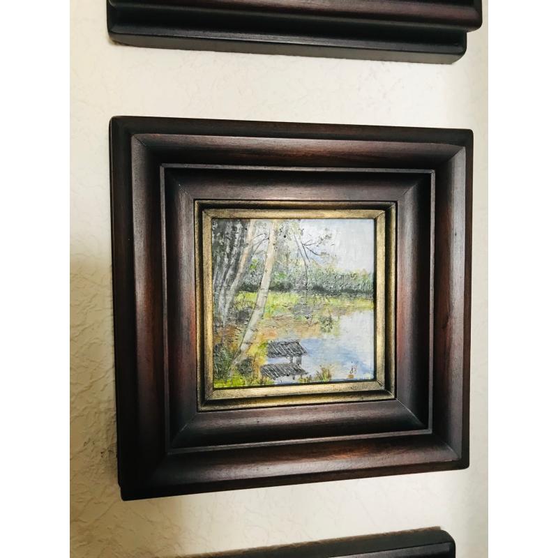 6 verschillende schilderijtjes op hout van Jef Coussement. Mooie schilderijtjes op hout van kunstschilder Jef Coussement Formaat 18 cm x 18 cm.