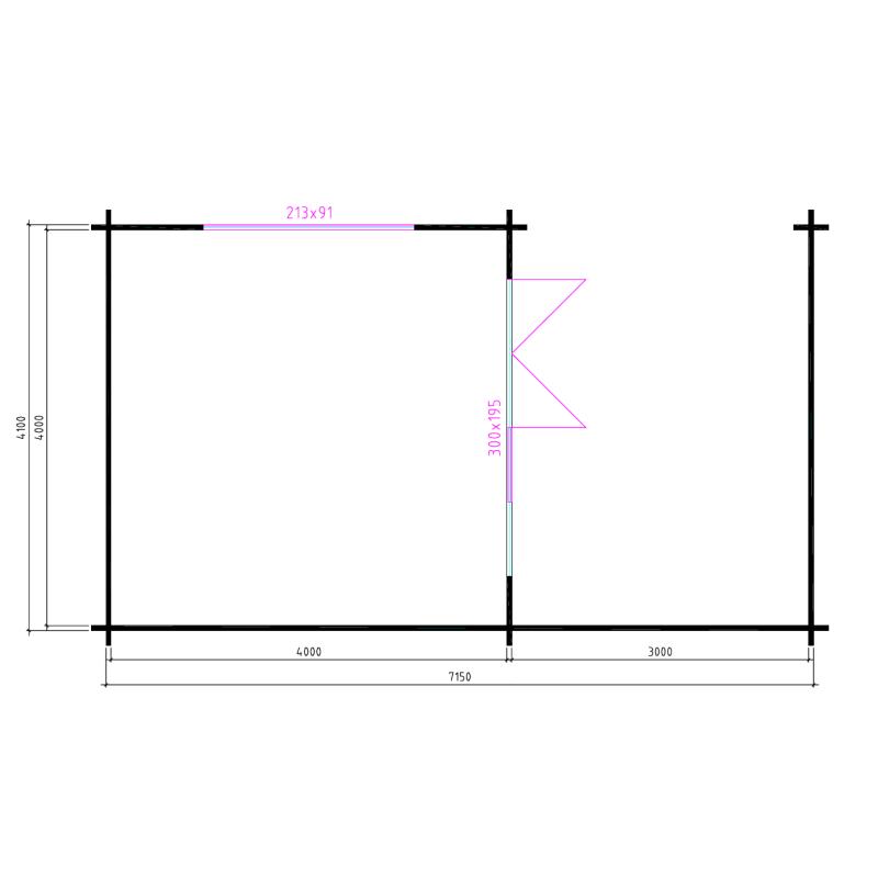 Tuinhuis-Blokhut-Wolfskap: W4x4+3: 715 x 410 x 325 (h) cm